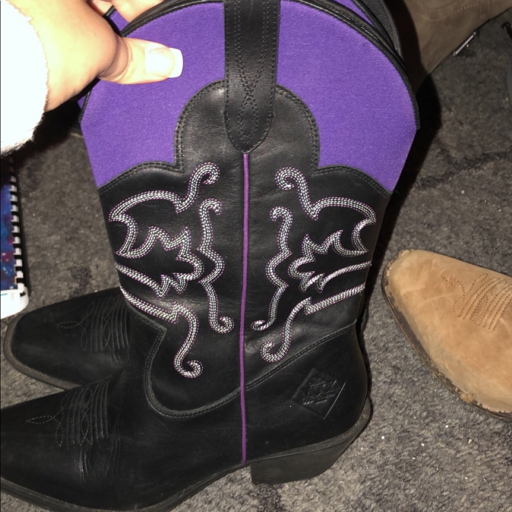 Purple and black muck cowboy boots